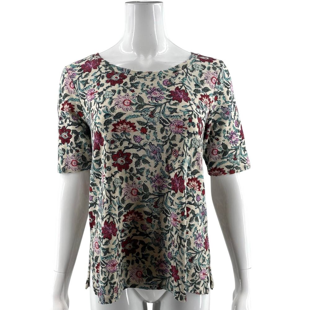 J Jill Top Size M Petite Green Pink Red Floral Pima Scoop Neck Elbow Sleeve Tee